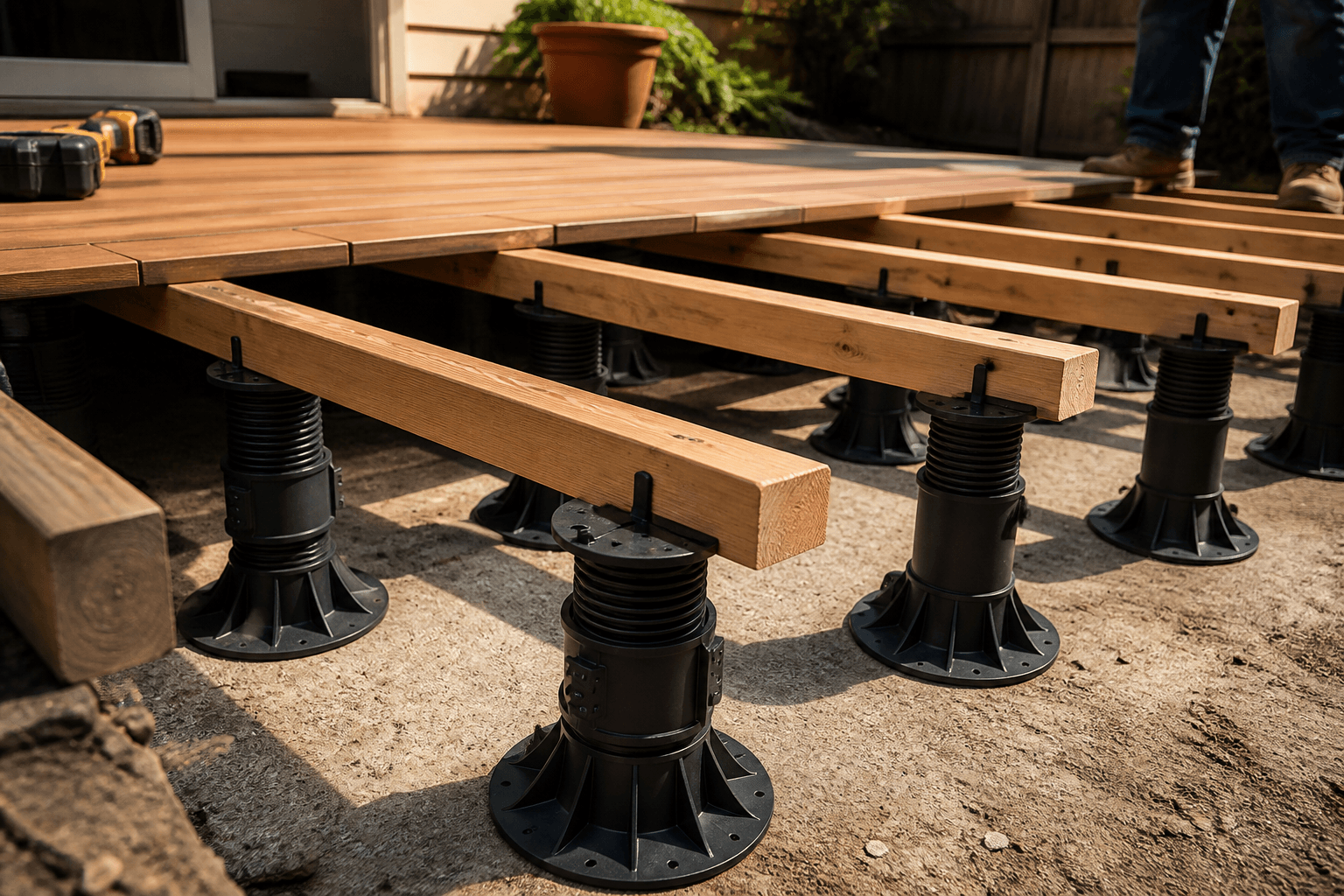 Adjustable Pedestal systems supporting wood joists on a backyard deck