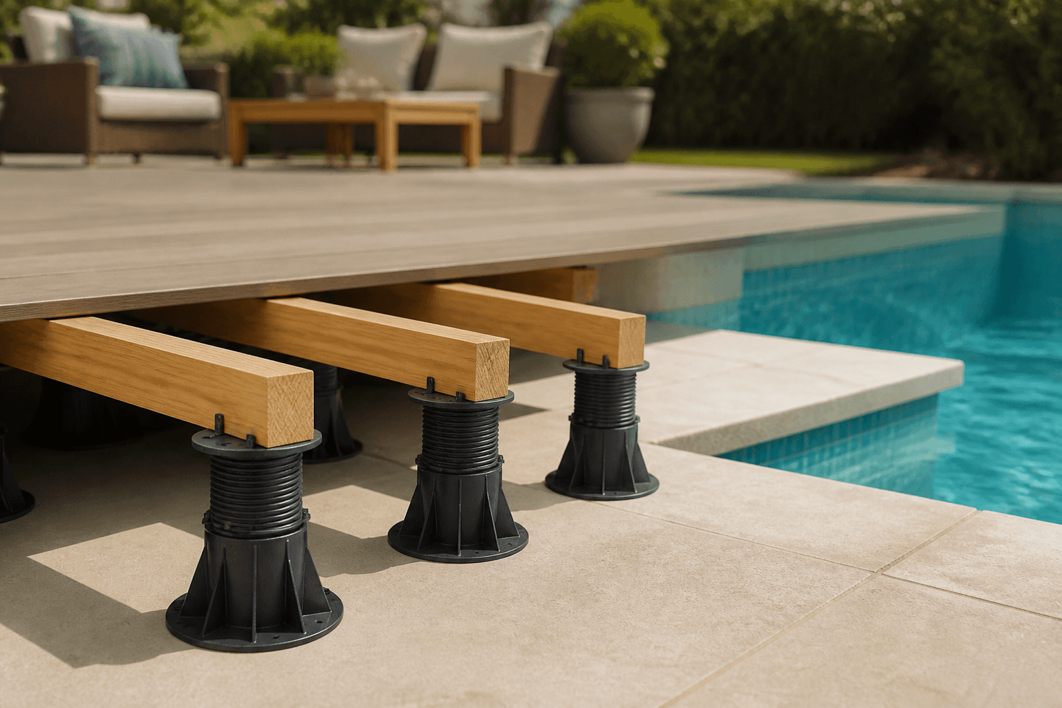 Adjustable Pedestal systems leveling a poolside wood deck
