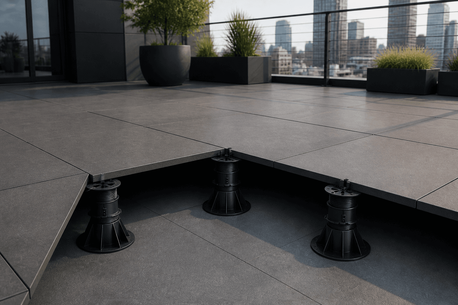 Adjustable Pedestal systems under rooftop porcelain pavers